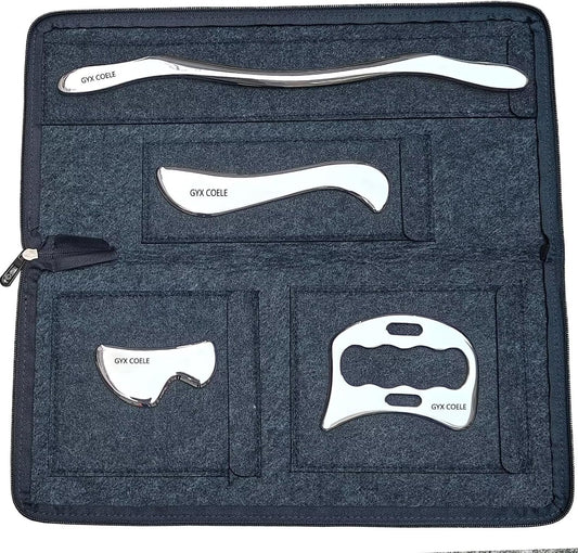 GYX COELE 4 IN 1 Muscle scraper Stainless Steel Gua Sha Scraping Massage Tool Set with Carrying bag, 4 Professional IASTM Scraping Tools