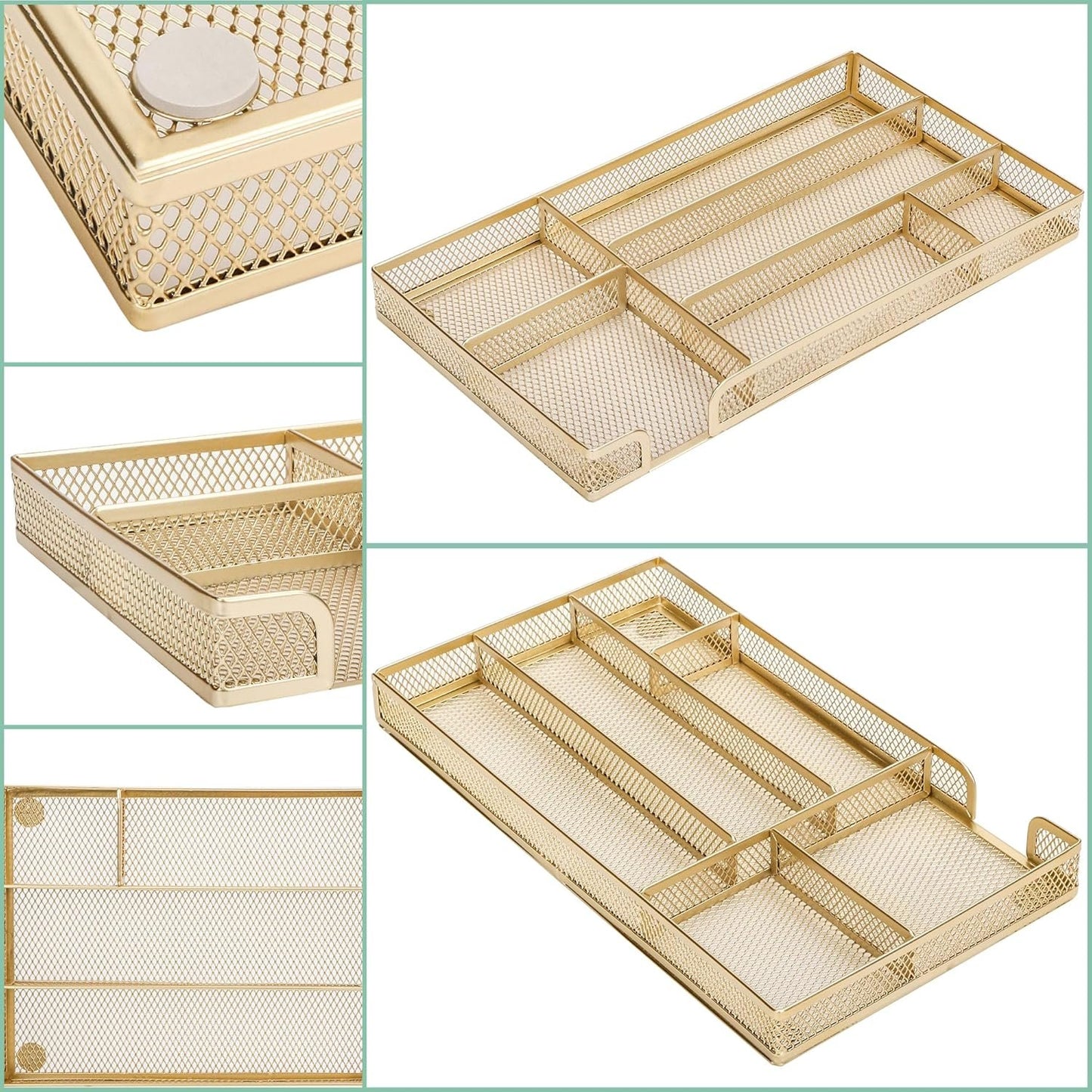 Annova Desk Drawer Organizer Tray for Office Organization - Metal Mesh - Storage Tray with Dividers for Pens, Desktop Accessories, Bathroom, Kitchen, Makeup and Office Supplies (Gold)
