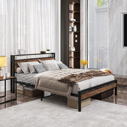 FOUBAM Queen Bed Frame with Storage Headboard,Metal Platform Bed Frame Queen Size Mattress Base No Box Spring Needed,Heavy Duty Metal Slats,Under Bed Storage,Noise-Free,Brown