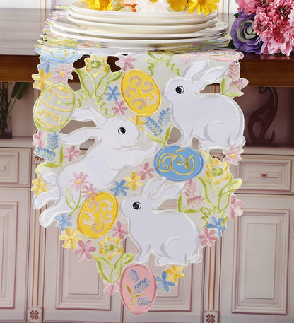 Easter Table Runner Spring Bunnys Flowery Table Runner Cutwork Embroidered Floral and Bunnys Dresser Scarf Table Topper Home Kitchen Dining Tabletop Decoration (Runner 13"×54", Bunny)