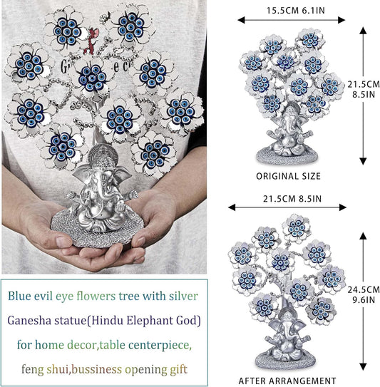 Evil Eye Flowers Lucky Tree with Silver Ganesha Hindu Elephant God Statue Home Office Feng Shui Protection Ornament Blessing Gift