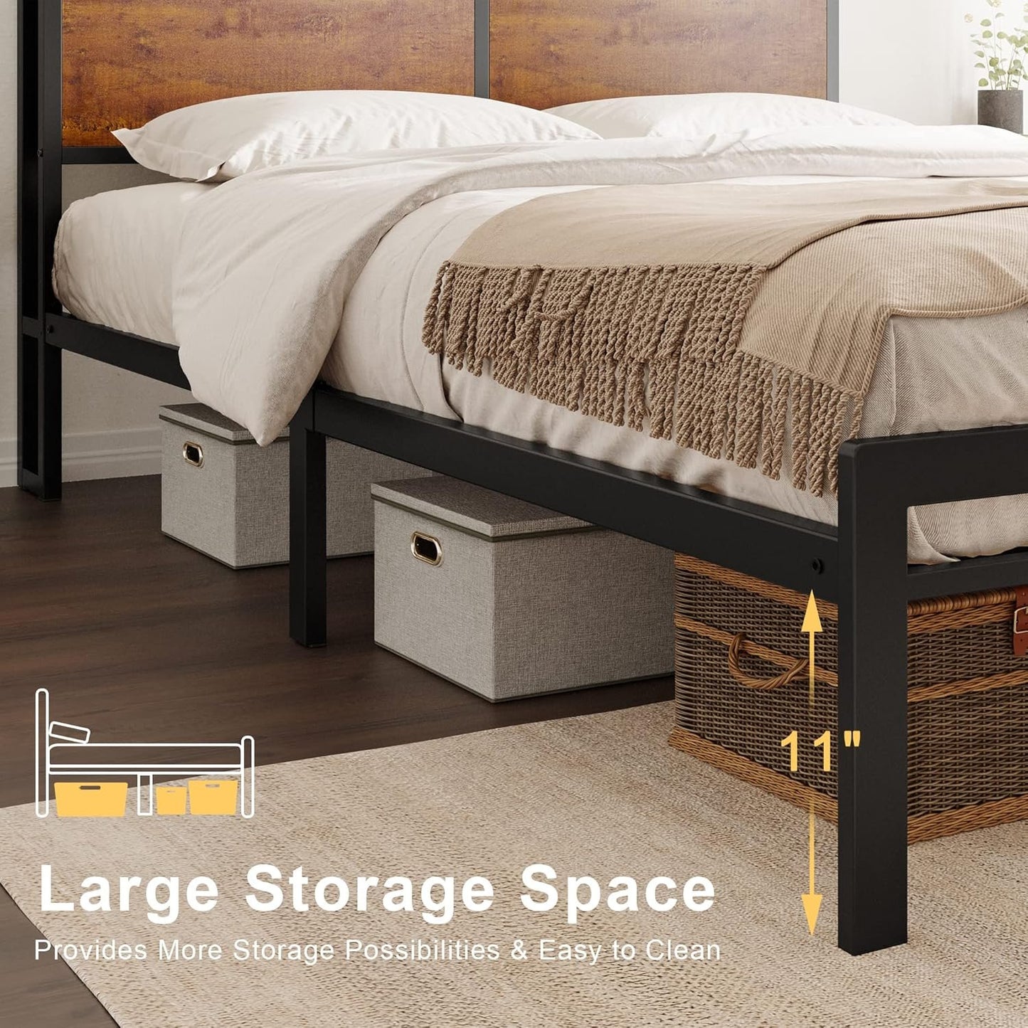 HAUSOURCE Queen Bed Frame with Storage Headboard Bed Frame Queen Size Metal Platform Bed with LED Lights USB Ports & Outlets Non-Slip Without Noise Strong Metal Slats Support No Box Spring Needed