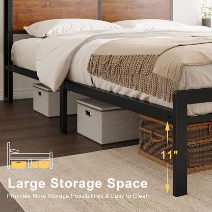 HAUSOURCE Queen Bed Frame with Storage Headboard Bed Frame Queen Size Metal Platform Bed with LED Lights USB Ports & Outlets Non-Slip Without Noise Strong Metal Slats Support No Box Spring Needed