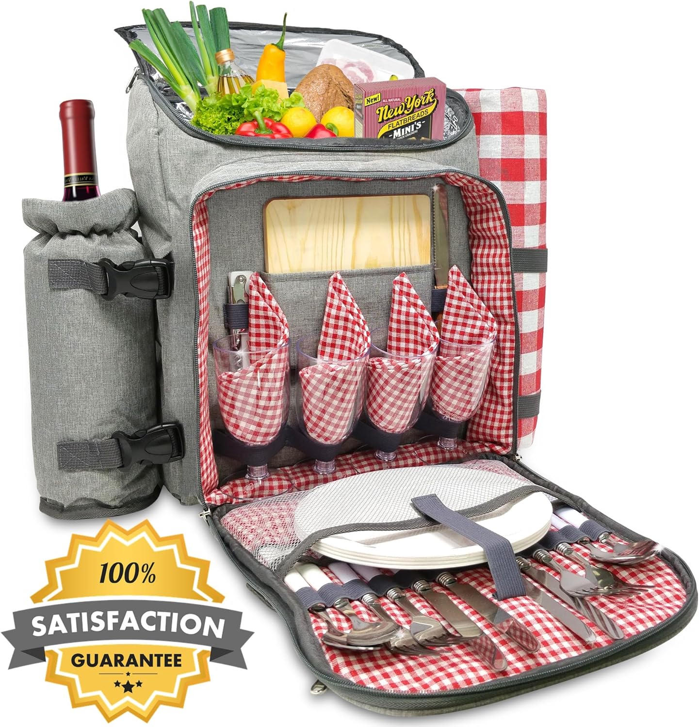 Nature Gear Large Picnic Backpack, Insulated Bag with Detachable Wine Cooler & Picnic Blanket, Includes Dinnerware Set for 4 & Picnic Accessories, Waterproof Outdoor Travel Backpack for Beach, Red