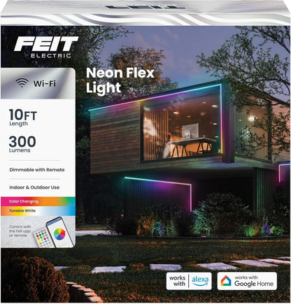 Feit Electric Smart LED Neon Flex Strip Lights, 10FT, Bendable, RGBW Color Chasing, Dimmable, 2.4Ghz WiFi Enabled, Compatible with Alexa and Google Home Asst, Music Sync, Remote App, NF10/CHASE/WP/AG