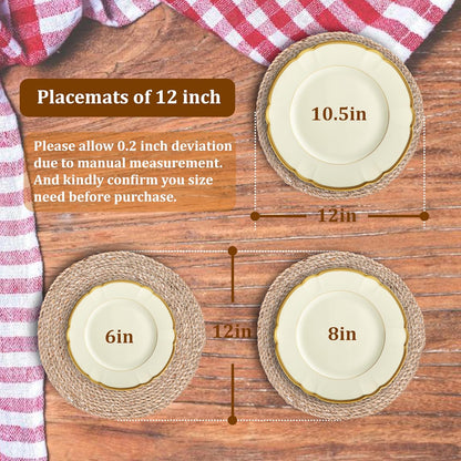 Woven Placemats Set of 12, Round 12" Boho Rattan Natural Hand-Woven Seagrass Placemats, Farmhouse Weave Place Mats, Rustic Braided Wicker Table Mats for Dining Table, Home, Wedding