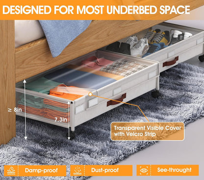 2 Pack Under Bed Storage with Wheels, DEWVIE Metal Under Bed Storage Containers with PVC Clear Lids, Rolling Under Bed Shoe Storage Organizer Under Bed Drawers for Clothes, Books, Toys (White)