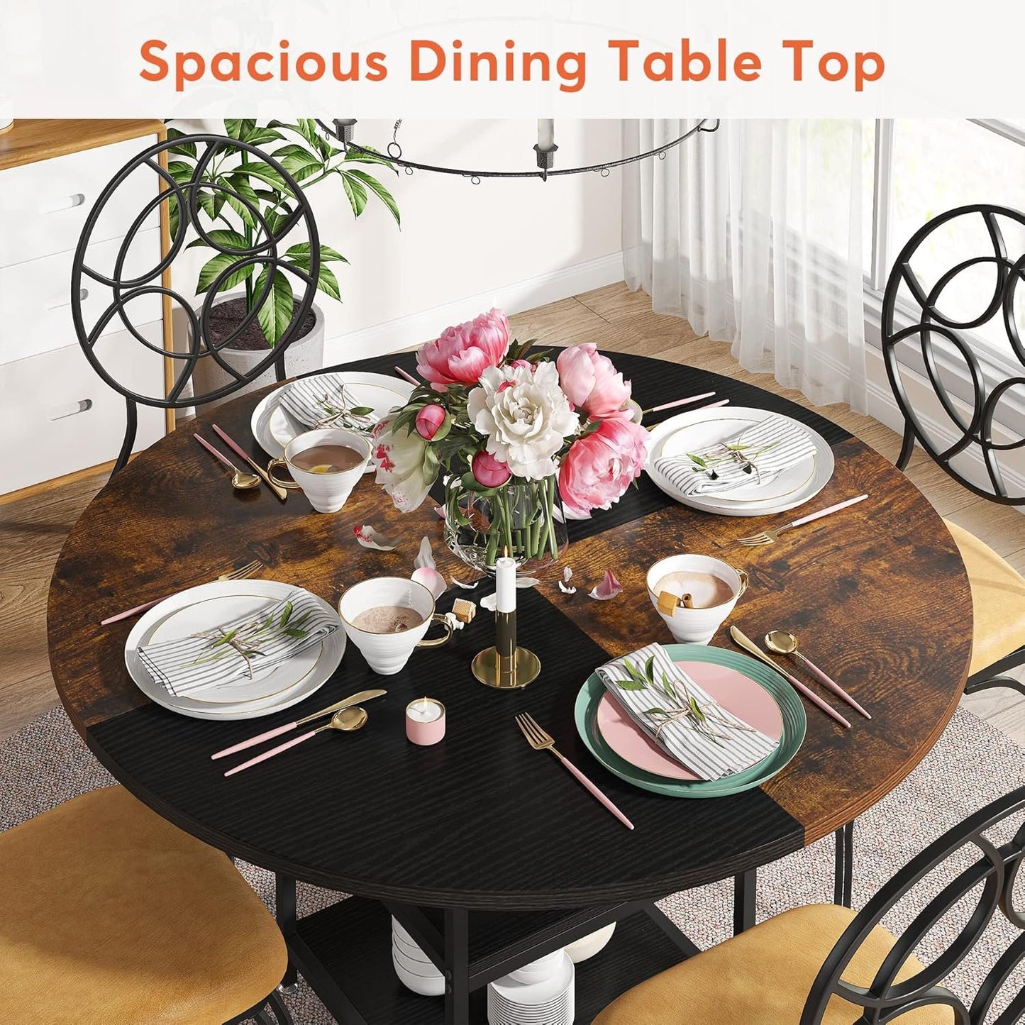 Tribesigns 47 inch Round Dining Table for 4, Wood Kitchen Table Large Dinner Table with Storage Shelf Metal Legs for Home Dining Room Living Room, Black Rustic Brown