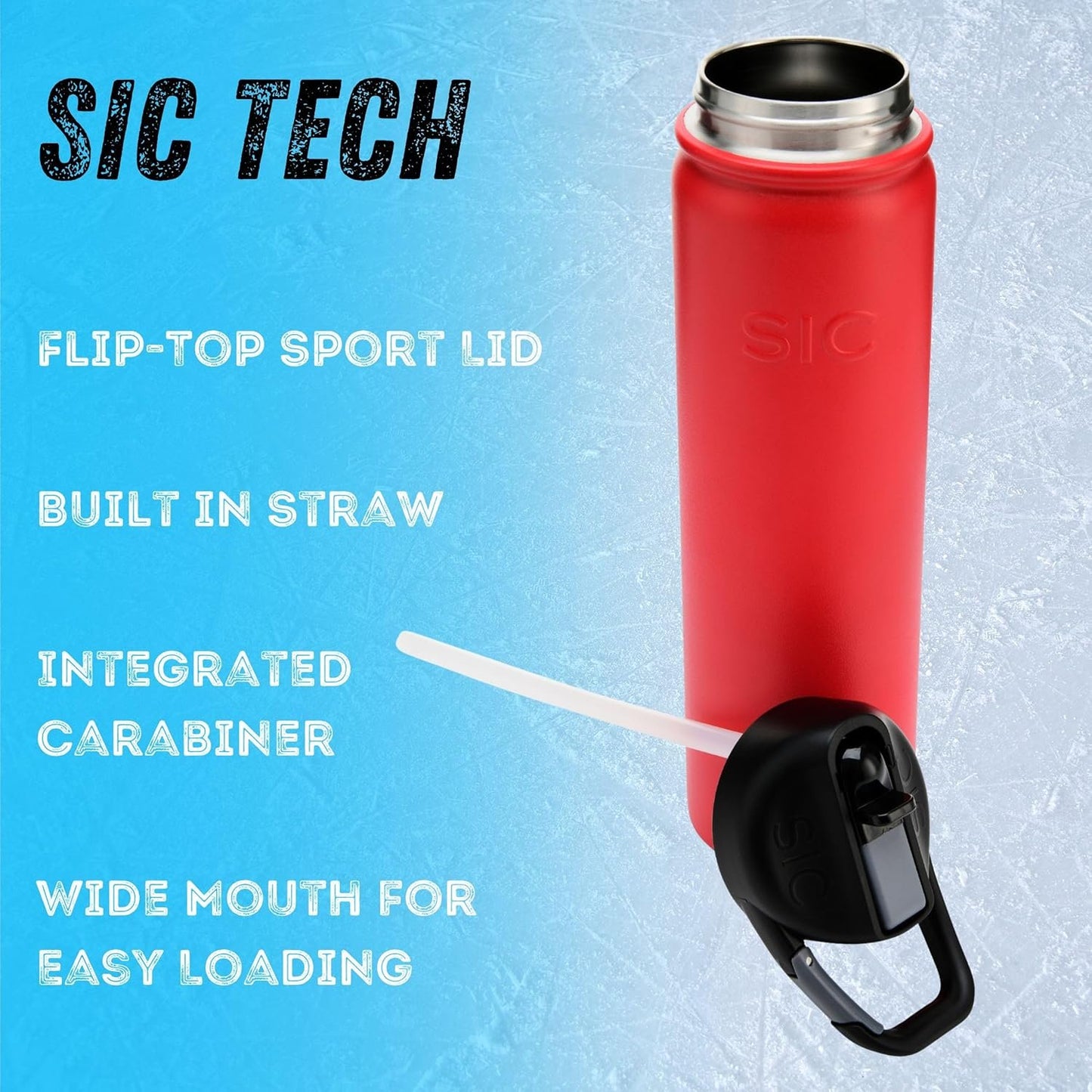 SIC (Seriously Ice Cold) Red 27 Oz. Travel Sport Bottle Double Wall Stainless Steel Vacuum Insulated No Sweat Bottle with Carabiner Lid - BPA Free Drinkware. Stainless & Powder Coated Colors