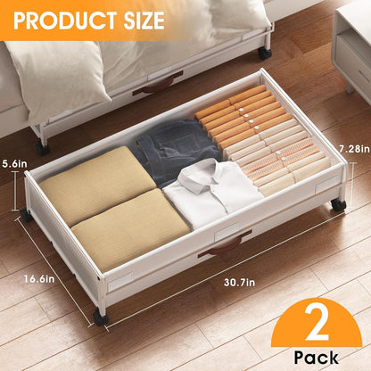 2 Pack Under Bed Storage with Wheels, DEWVIE Metal Under Bed Storage Containers with PVC Clear Lids, Rolling Under Bed Shoe Storage Organizer Under Bed Drawers for Clothes, Books, Toys (White)