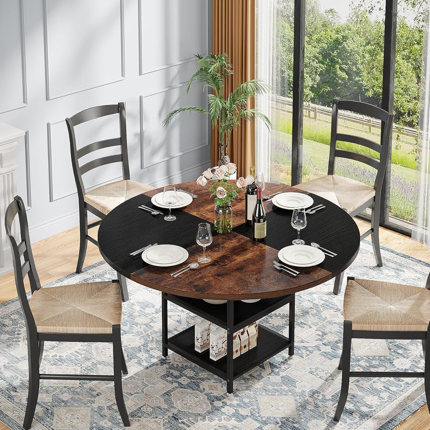 Tribesigns 47 inch Round Dining Table for 4, Wood Kitchen Table Large Dinner Table with Storage Shelf Metal Legs for Home Dining Room Living Room, Black Rustic Brown