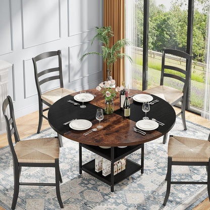 Tribesigns 47 inch Round Dining Table for 4, Wood Kitchen Table Large Dinner Table with Storage Shelf Metal Legs for Home Dining Room Living Room, Black Rustic Brown