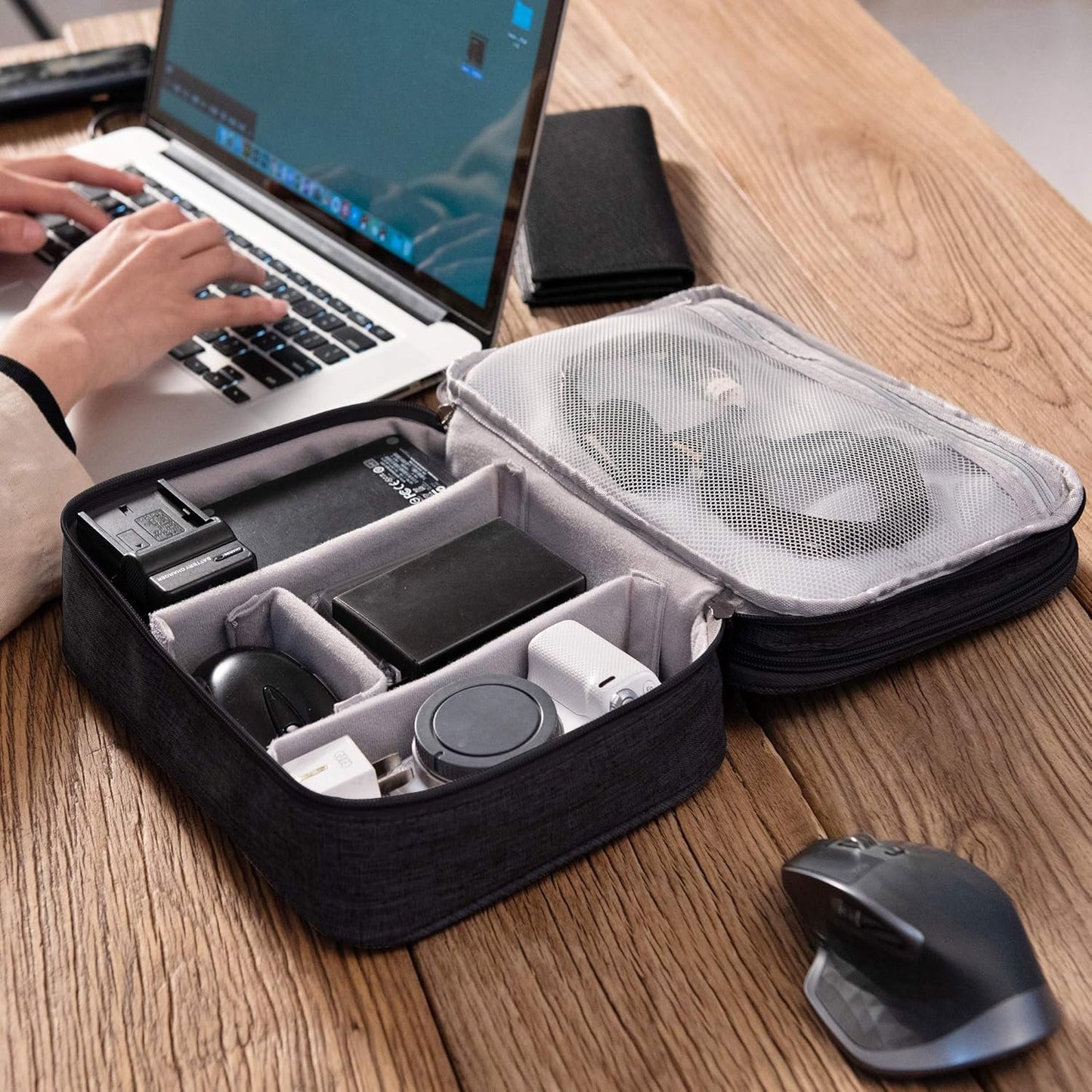 Electronic Bag Travel Cable Accessories Bag Waterproof Double Layer Electronics Organizer Portable Storage Case for Cable, Cord, Charger, Phone, Adapter, Power Bank, Kindle, Hard Drives (Black)