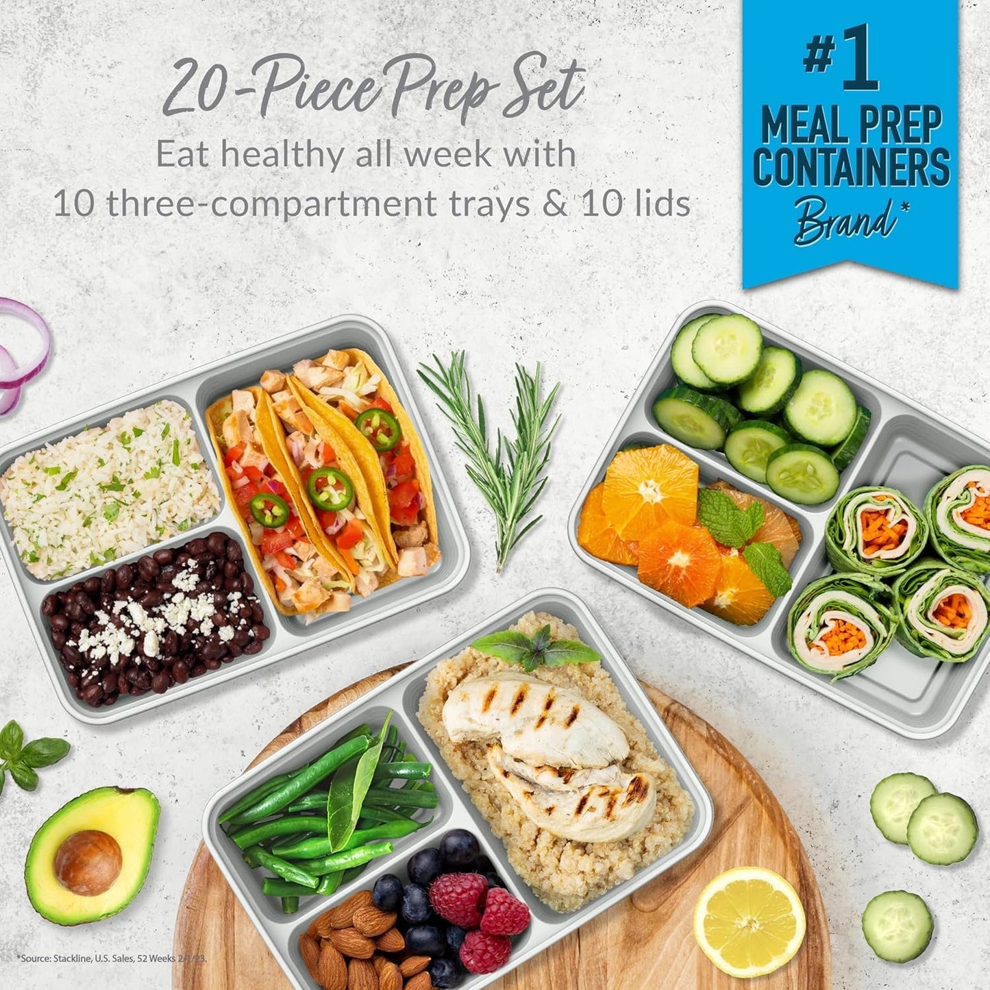 Bentgo Prep 3-Compartment Meal-Prep Containers with Custom-Fit Lids - Microwaveable, Durable, Reusable, BPA-Free, Freezer and Dishwasher Safe Food Storage Containers - 10 Trays & 10 Lids (Silver)
