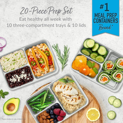 Bentgo Prep 3-Compartment Meal-Prep Containers with Custom-Fit Lids - Microwaveable, Durable, Reusable, BPA-Free, Freezer and Dishwasher Safe Food Storage Containers - 10 Trays & 10 Lids (Silver)