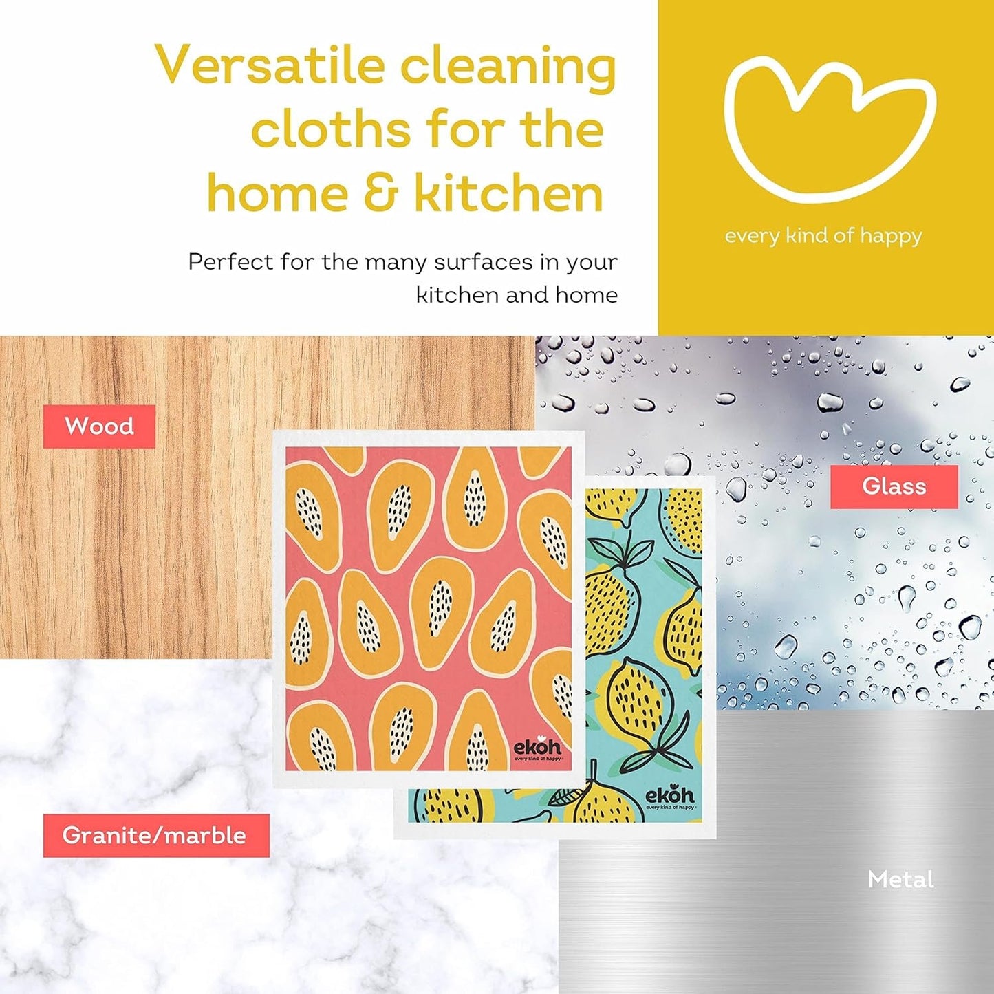 EKOH Swedish Dishcloths for Cleaning Kitchen & Home - Pack of 2 Prints - Eco Sponge Cloths Zero Waste Dish Towels - Plastic Free Reusable Wipes- Gift Set of 2 Cleaning Cloths (Orange Blue Lemons, Papaya Lemon Fruit)