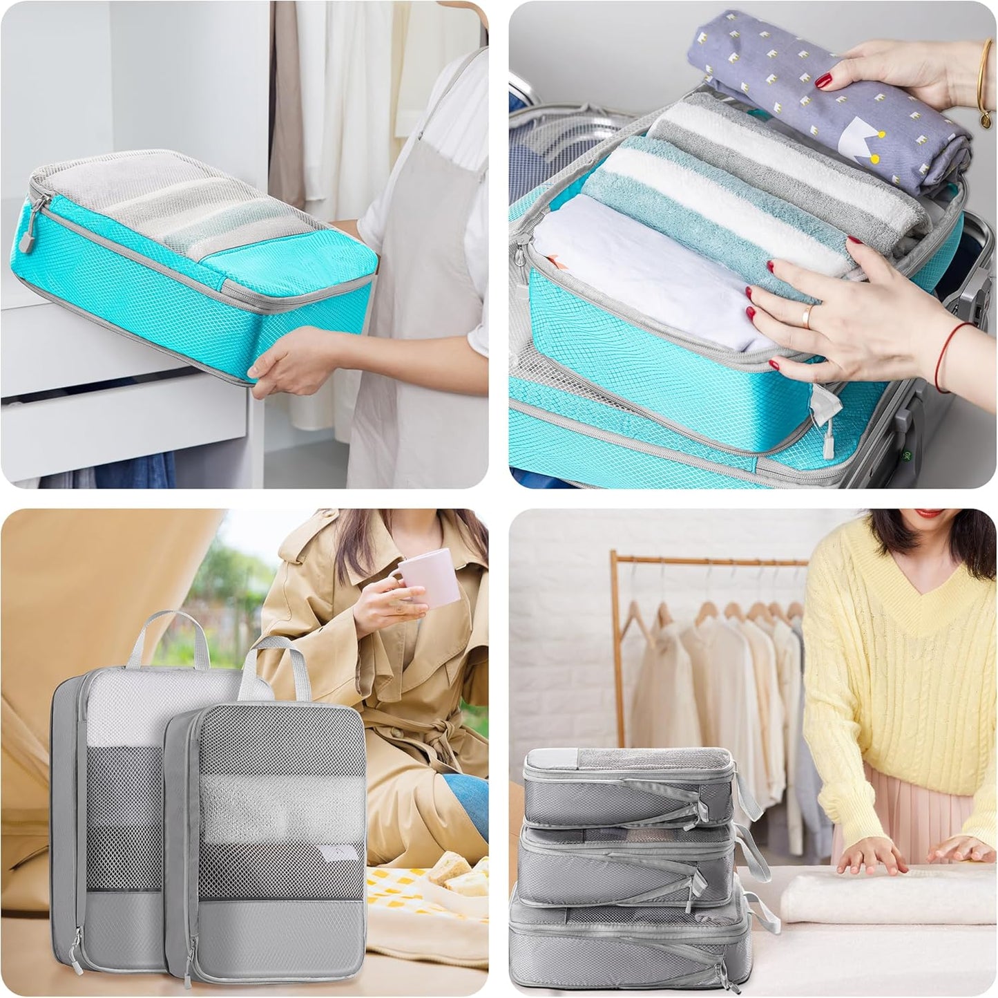 6 Set Compression Packing Cubes Travel Accessories Expandable Packing Organizers, Lightweight Suitcase Organizer Packing Cells Bags Set Travel Essentials, Travel Bags Carry-on Luggage Suitcase Grey