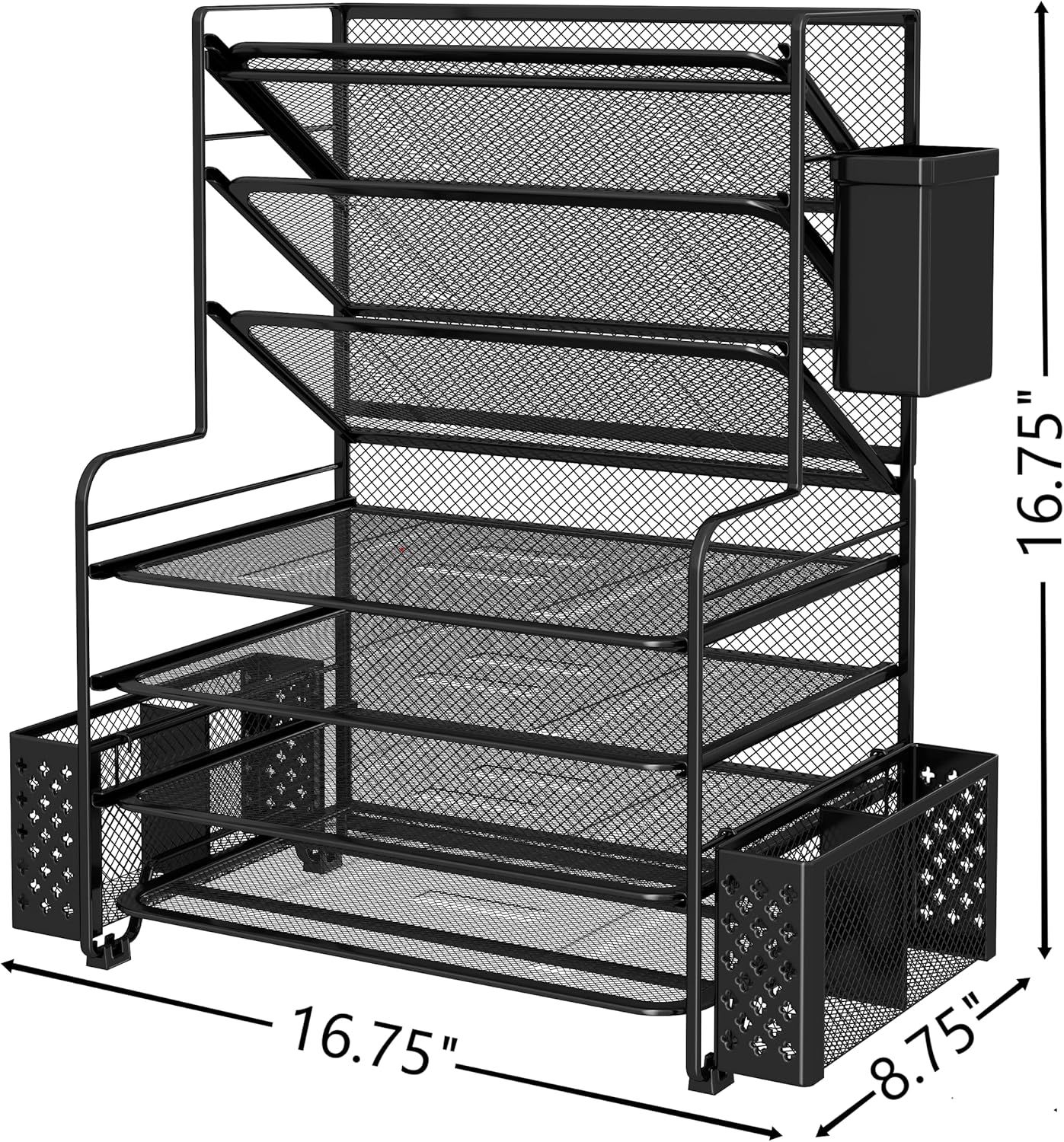 Simple Trending 7 Tier Desk File Organizer, Letter Tray Paper Organizer with Pen Holder and Metal Hanging Basket, Black