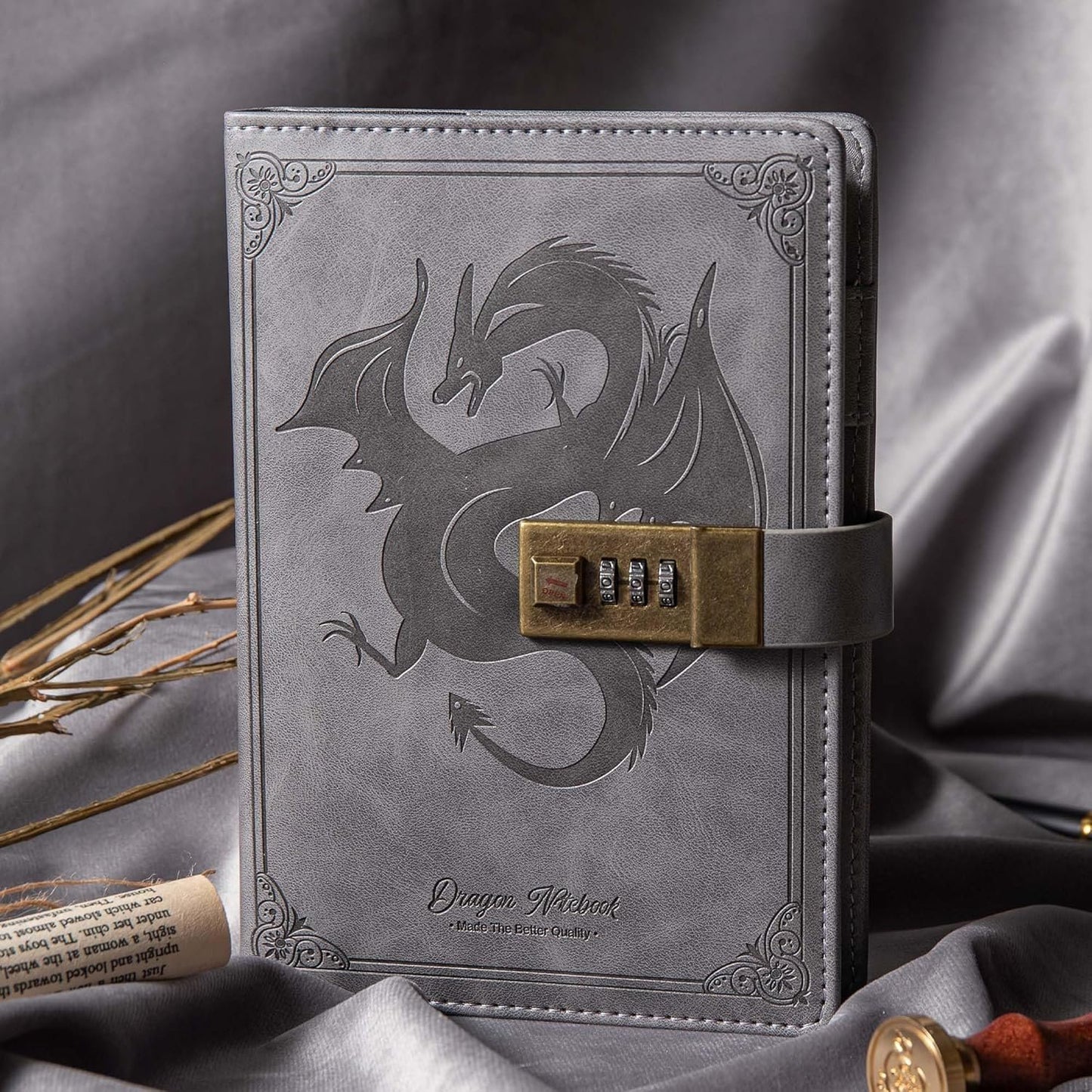 Dragon Leather Journal Notebook, Diary with Combination Lock, Lined/Blank Paper Notebook, B6 Writing Journals Stationery (Grey)