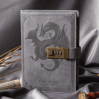 Dragon Leather Journal Notebook, Diary with Combination Lock, Lined/Blank Paper Notebook, B6 Writing Journals Stationery (Grey)