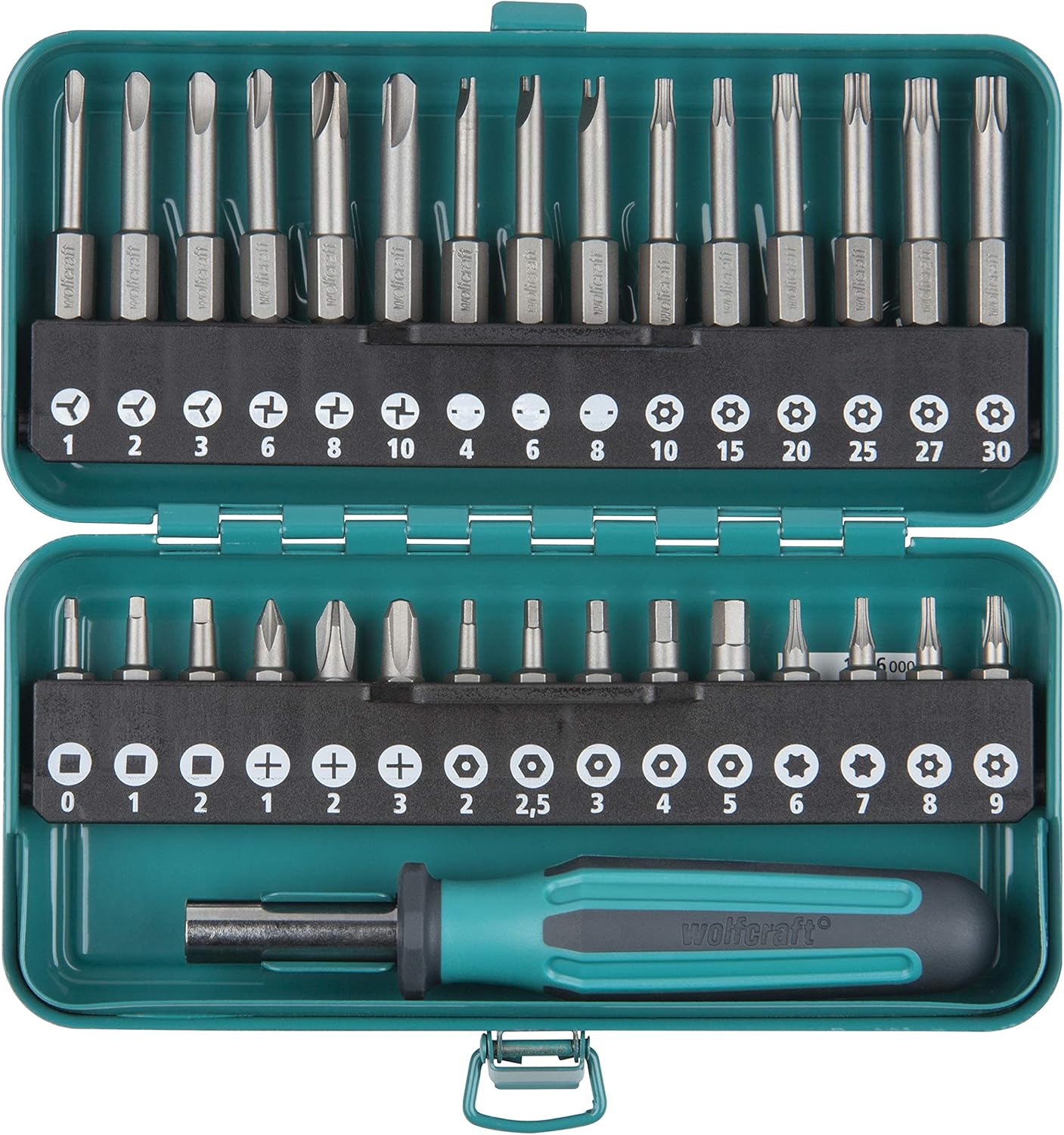 wolfcraft 31 Piece I 1386000 I Box Safety Screw Safety Box Metal 30 Solid Inserts 25 and 50 mm with Bit Holder and Hand Screwdriver