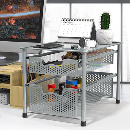 SimpleHouseware Stackable 2 Tier Sliding Basket Organizer Drawer, Silver