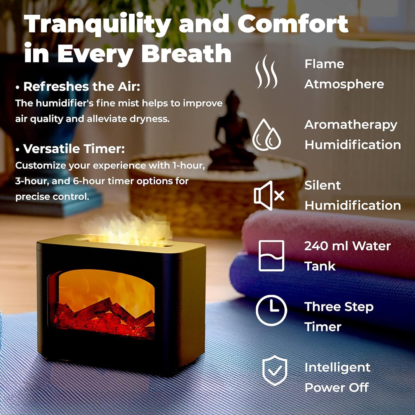 OMEO Flame Oil Diffuser, Aromatherapy Ultrasonic Cool Mist Flame Diffuser Humidifier with Timer and Waterless Auto Off for Spa, Home, Yoga, Office, Bedroom (Black), WY-FP01