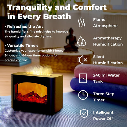 OMEO Flame Oil Diffuser, Aromatherapy Ultrasonic Cool Mist Flame Diffuser Humidifier with Timer and Waterless Auto Off for Spa, Home, Yoga, Office, Bedroom (Black), WY-FP01