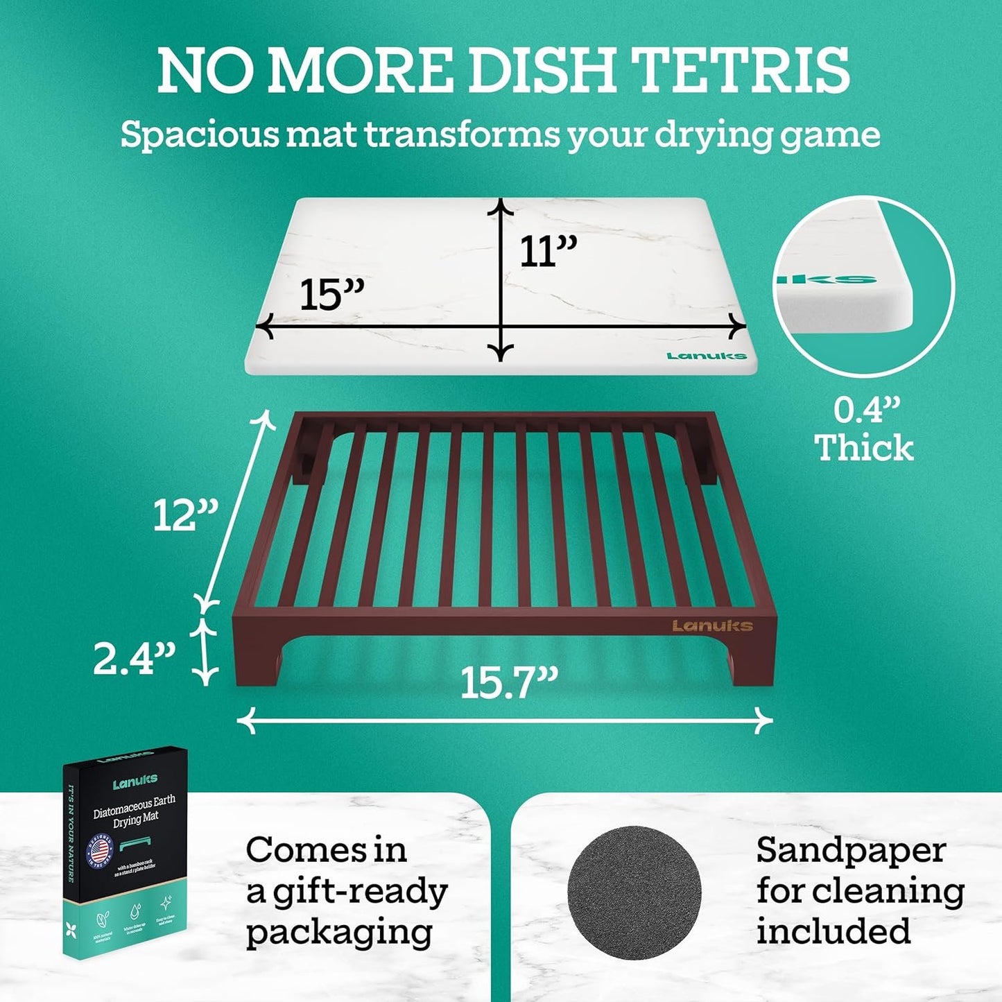 Lanuks Stone Drying Mat for Kitchen Counter |Drying Matt Kitchen Counter with Bamboo Dish Drying Rack |Diatomaceous Earth Dish Drying Mat (Cherry Stand)