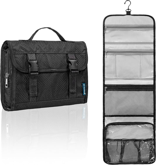 PAVILIA Travel Hanging Toiletry Bag for Women Men, Large Capacity Makeup Bag Kit, Waterproof Cosmetic Storage Organizer Case for Bathroom Shower, Black, Black, Large, Toiletry Bag