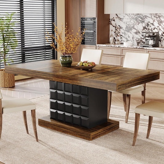 Tribesigns 63'' Dining Table for 4-6, Farmhouse Wooden Rectangular Dinner Table with Geometric Relief, Pedestal Base (Brown and Black)