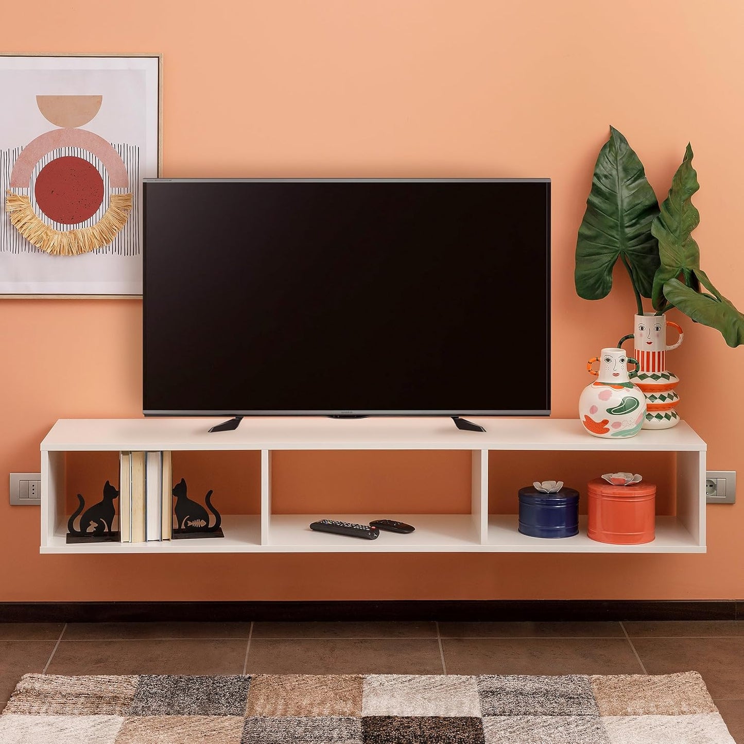 Baroni Home Hanging TV Cabinet with 3 Compartments, Hole for Passage Cables, MDF TV Wall Console for Bedroom, Living Room, Kitchen, White, 152 x 30 x 25 cm
