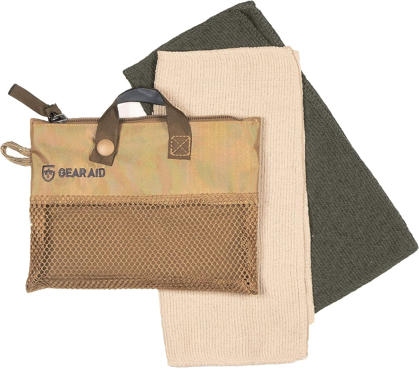 GEAR AID Micro-Terry Washcloth Kit for Travel – Soft, Quick-Drying, Set of 2 Washcloths (10”x10”) in OD Green & Sand Colors, Compact & Lightweight for On-The-Go Use