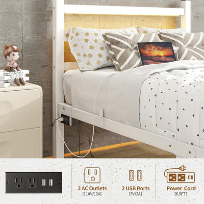 Maliacife Twin Bed Frame with Charging Station,Metal Bed with LED Lights Headboard,Heavy Duty Steel Slats Support Single Bed Frame,No Box Spring Needed,Noise Free, White