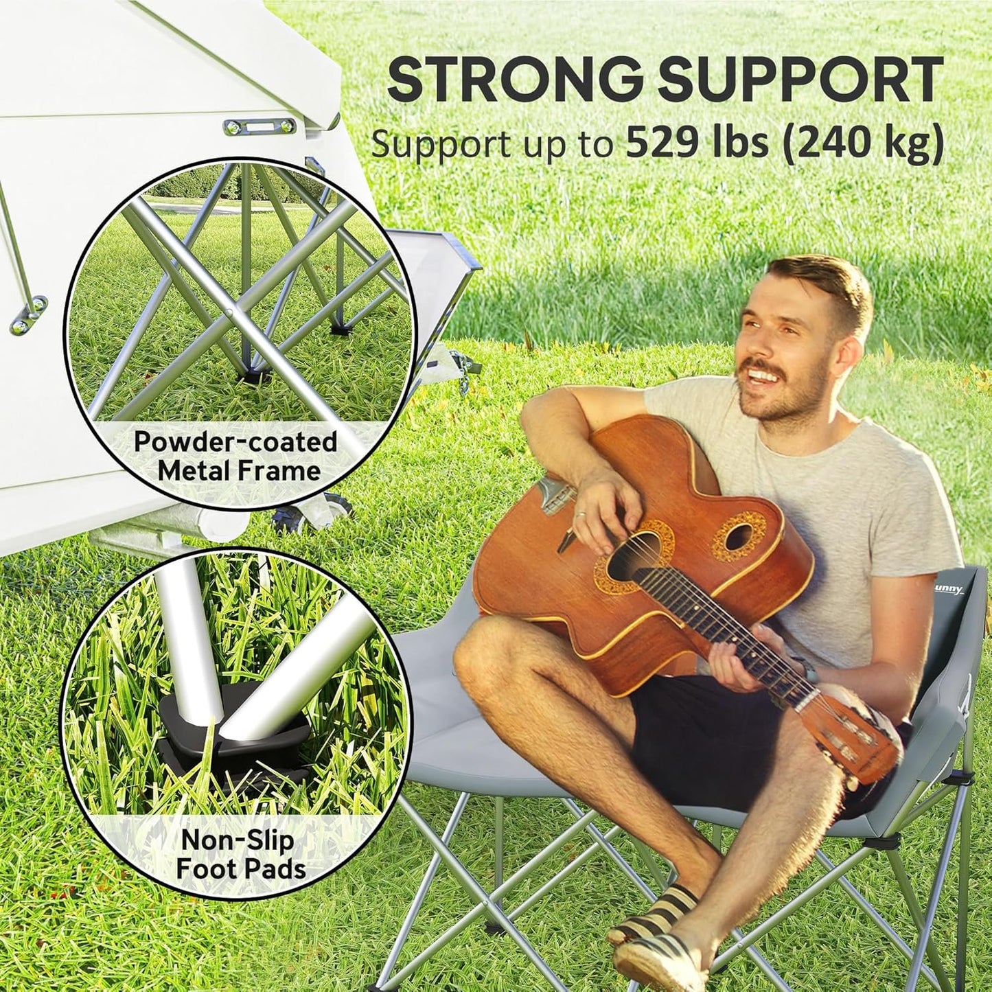 Outsunny Double Camping Chair, Oversized Camping Loveseat for Adults, Heavy Duty Folding Camp Chair with Side Pockets for Hiking, Picnic, Beach, Support 529 lbs, Grey