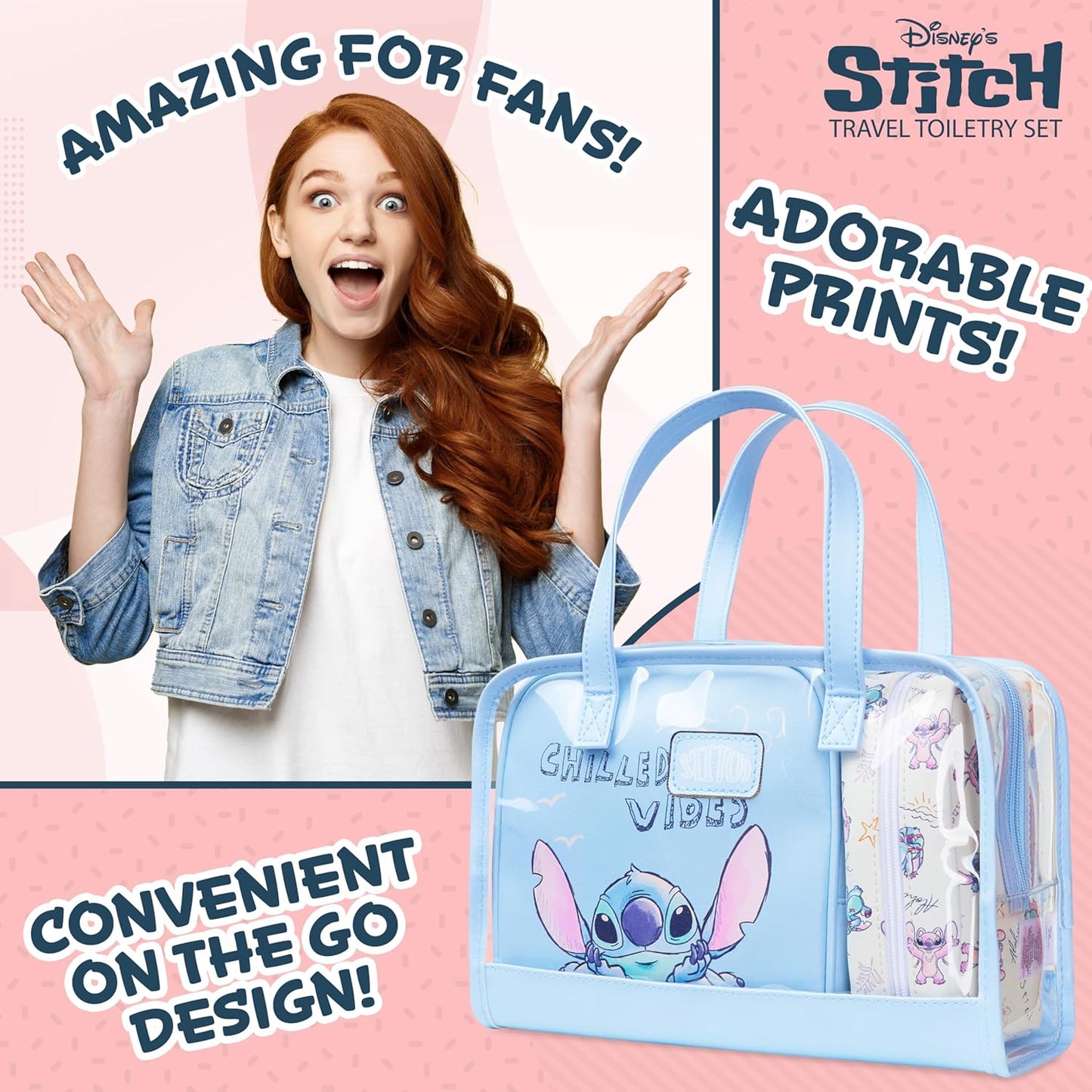 Disney Stitch, Set of 3 Women's Girl Makeup Bag, true blue / vintage white, Taglia Unica, Beauty Case