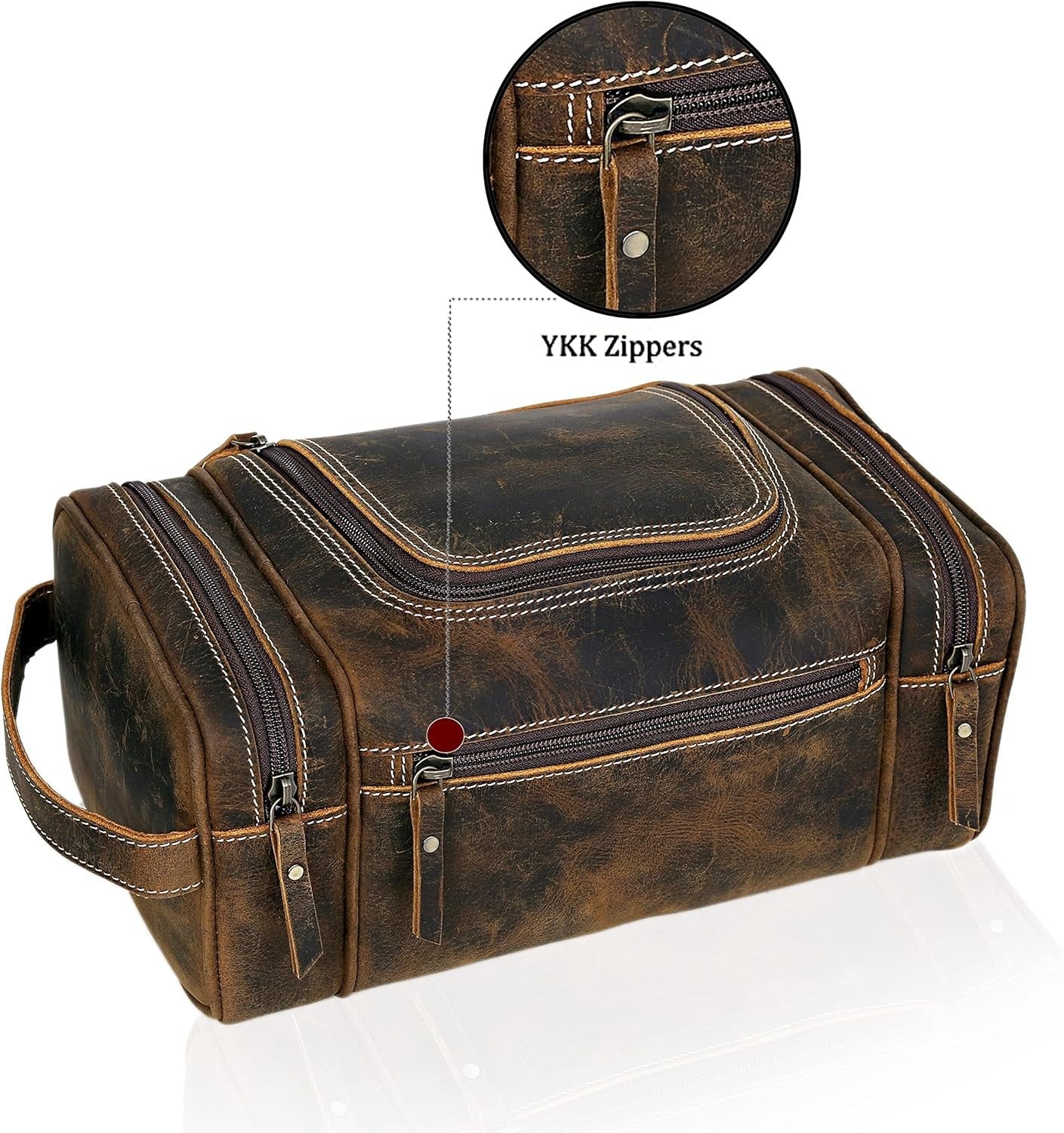 VC VINTAGE COUTURE Extra Large Leather Toiletry Bag for Men, Dopp Kit, Shaving Bag for Travel, Brown, 9.3 x 5.5 x 4.5 Inches