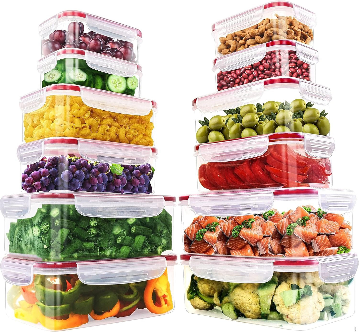 KICHLY 24 Pack Plastic Food Storage Container Set - Transparent BPA-Free Airtight Containers with Leak-Proof Lids for Meal Prep, Freezer, and Lunch Storage - Durable and Reusable (Red)