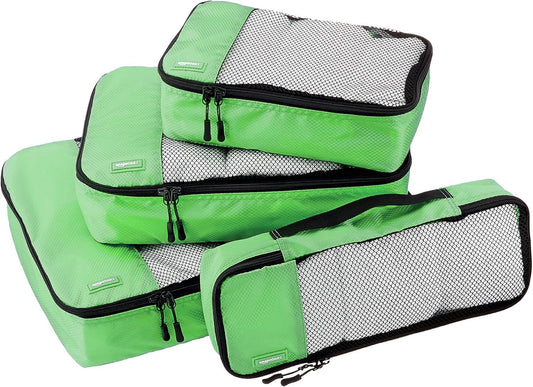 Amazon Basics ZH1509009 Set of 4 Hinged Organizers Cubes, Green, Small, Medium, Large, Slim, green, Set of 4 packing cubes: small, medium, large and thin