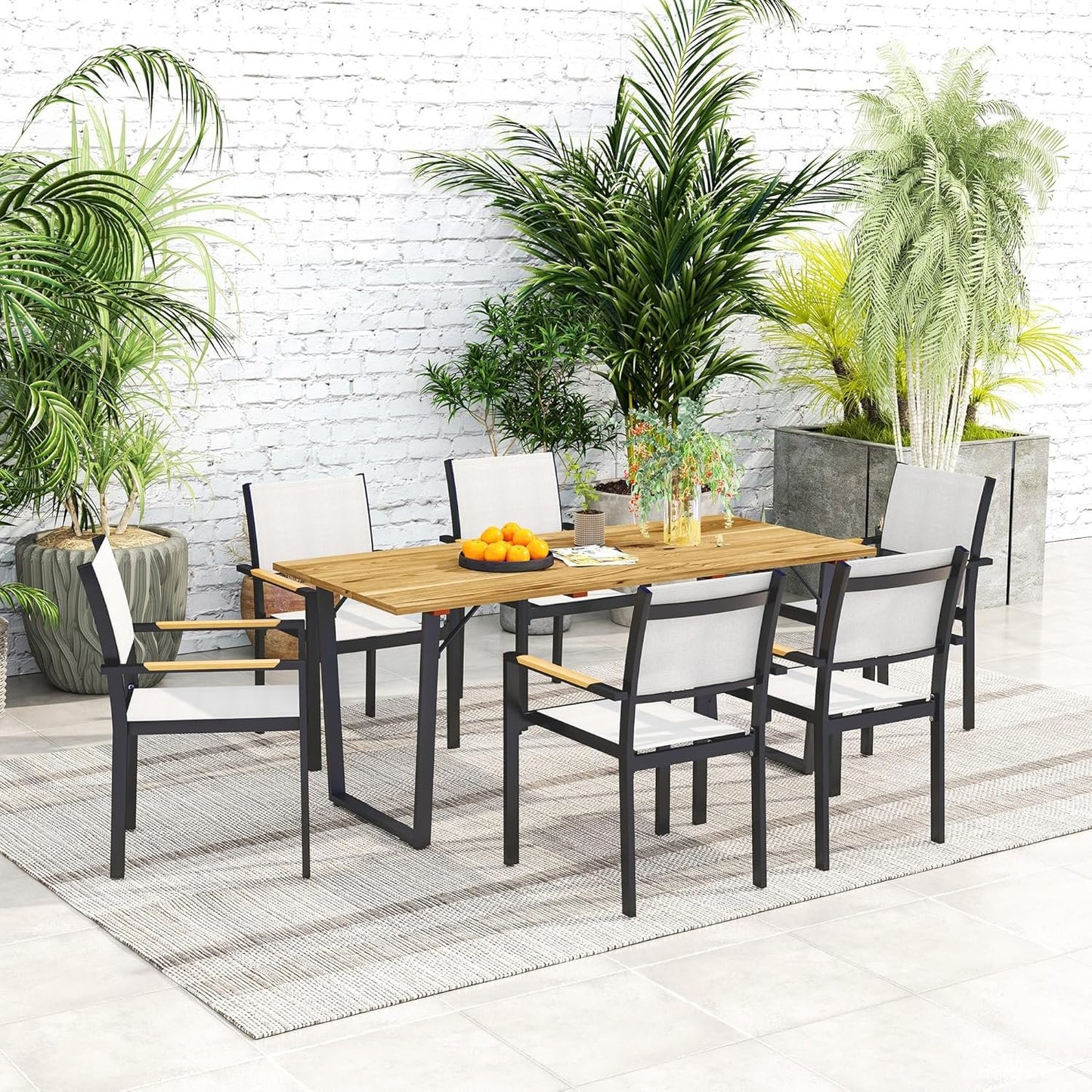 Outsunny Wooden Outdoor Dining Table for 6, 69" x 32" Rectangular Patio Table with 2" Umbrella Hole, Slatted Tabletop, Indoor Outdoor Dining Furniture for Yard, Deck, Lawn