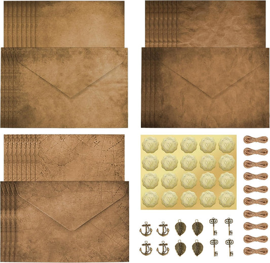 Vintage Letter Writing Set, 24 Antique Letter Paper Sheets and 12 Pcs Matching Envelopes with 10 Decorative Ornaments 20 Sealing Stickers 10 Hemp Ropes