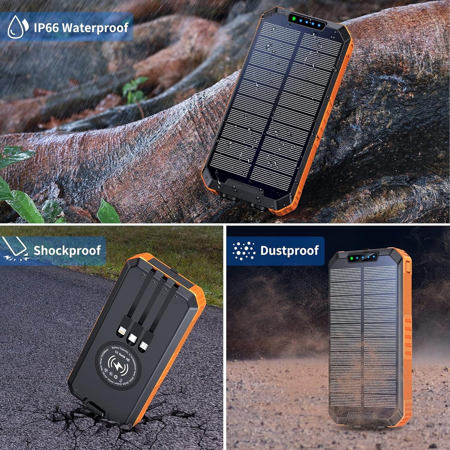 Solar Power Bank 30000mAh, Wireless Portable Solar Charger Fast Charging Power Bank, Solar Phone Charger with 3 Cables & LED Flashlights, Compatible with Smartphones, Tablets