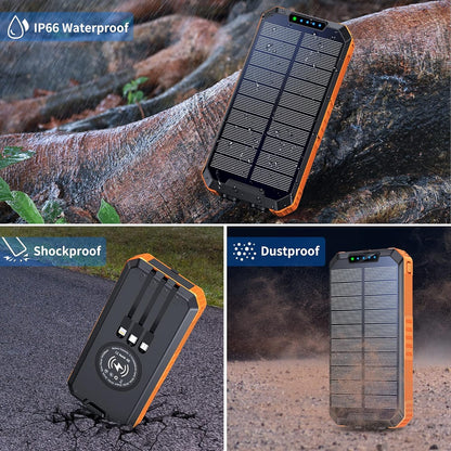 Solar Power Bank 30000mAh, Wireless Portable Solar Charger Fast Charging Power Bank, Solar Phone Charger with 3 Cables & LED Flashlights, Compatible with Smartphones, Tablets