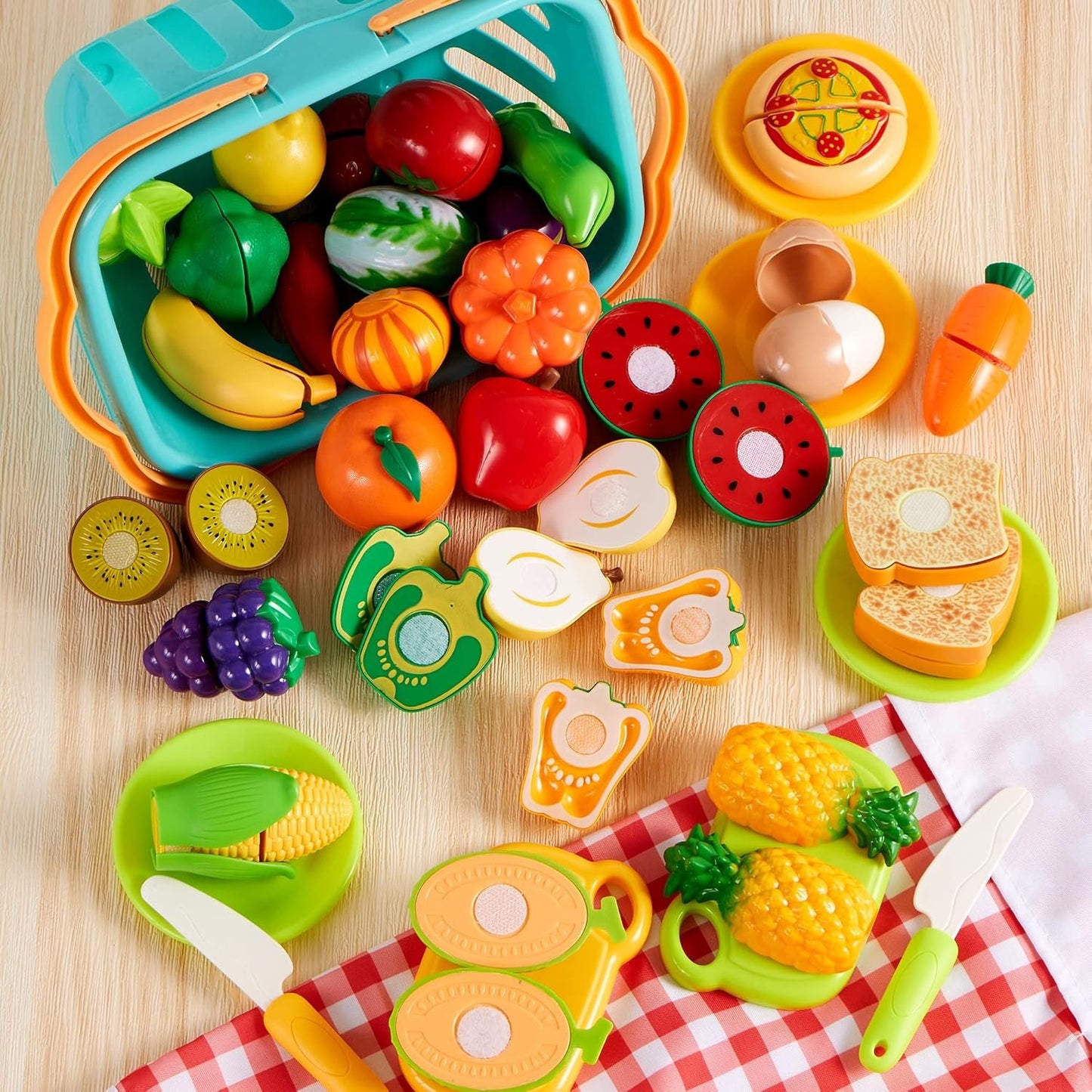 JOYIN 68Pcs Cutting Play Food Toy for Toddlers Kitchen, Fake Food for Kids Play Kitchen, Includes Plastic Fruit &Vegetables, Storage Basket, Mini Dishes and Knife, Pretend Play Toys, Toddler Gifts