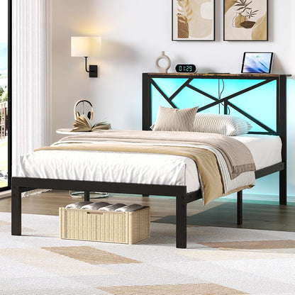 ChicZhiNest Twin Size Black Metal Bed Frame with USB Charging Station, LED Ambient Lighting, and Wooden Storage Headboard - Includes Under-Bed Storage, No Box Spring Needed, Noise Free, Easy Assembly