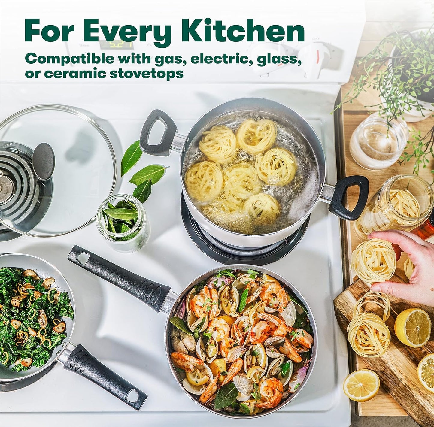 bella Nonstick Cookware Set with Glass Lids - Aluminum Bakeware, Pots and Pans, Storage Bowls & Utensils, Compatible with All Stovetops, 21 Piece, White