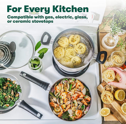 bella Nonstick Cookware Set with Glass Lids - Aluminum Bakeware, Pots and Pans, Storage Bowls & Utensils, Compatible with All Stovetops, 21 Piece, White