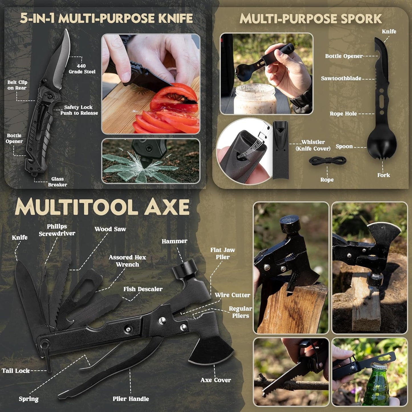 NATUREVERVE Survival Kit and First Aid Kit,142pcs Camping Gear and Survival Tools, Emergency First Aid Supplies with Molle Compatible Multi Tool Emergency Blanket, Axe Shovel, Gifts for Men and Women