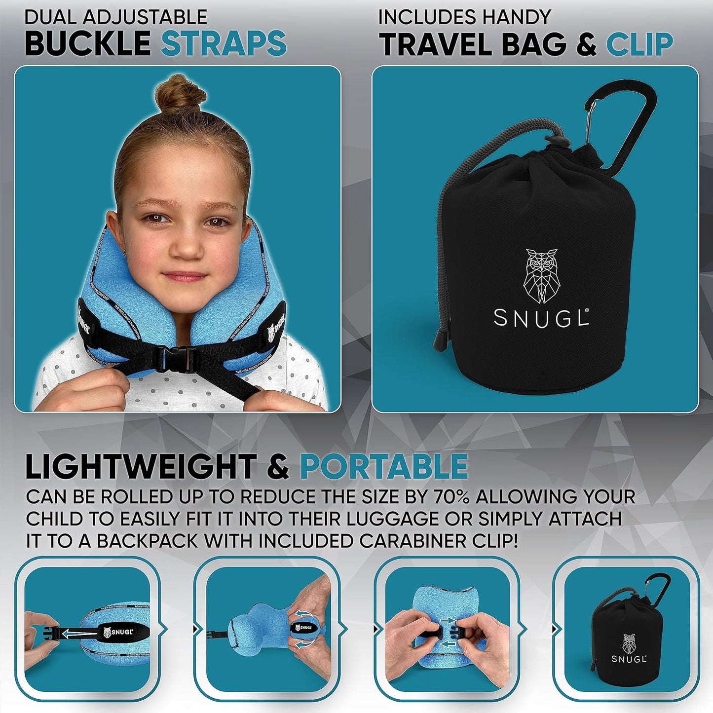 SNUGL Travel Pillow for Kids - Memory Foam Kids Neck Pillows for Travel | Neck Rest Children Travel Pillows for Airplanes | Kids Travel Pillow with Carry Bag & Clip | Kids Flight Travel Essentials