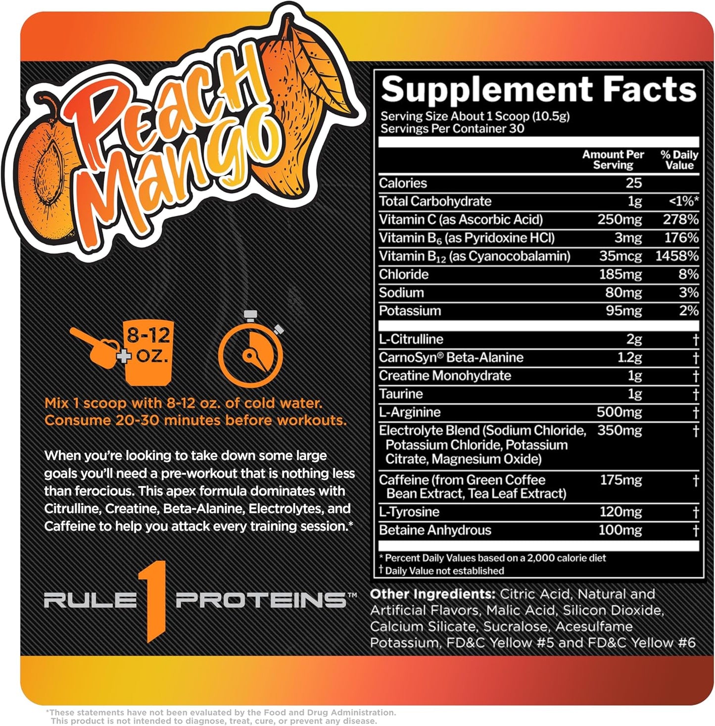 Rule1 R1 Roar Ferocious Pre-Workout Protein Powder 315 g, Peach Mango (30 Servings)